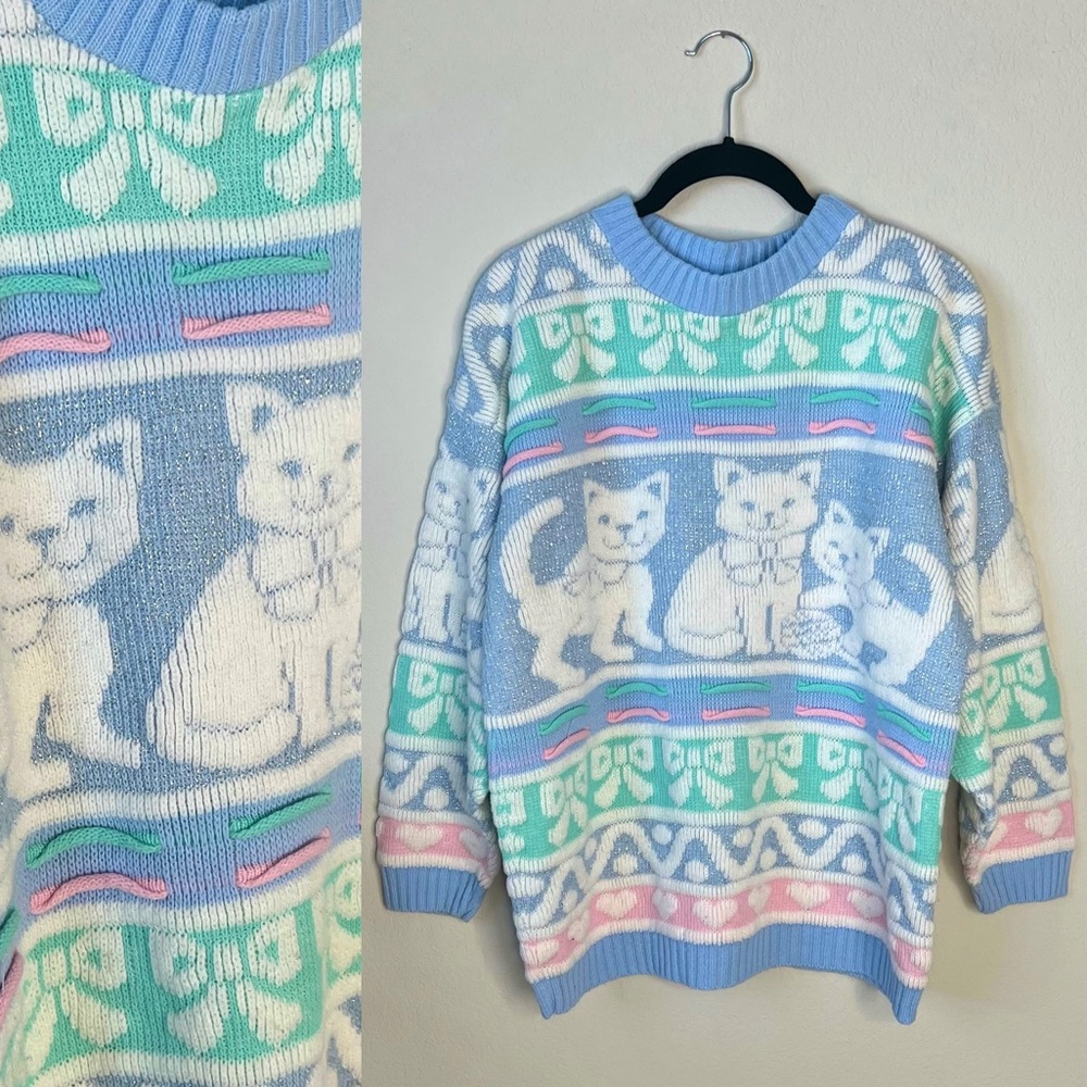 Super Cute 1980s Vintage pastel sparkle kitty bow knit sweater size Large